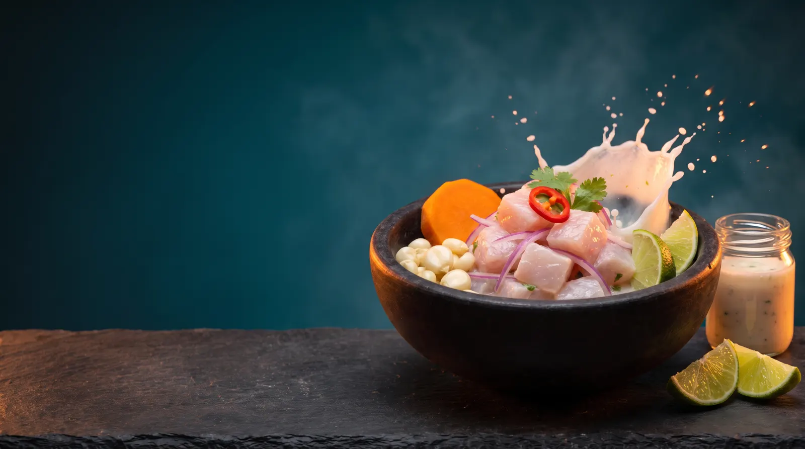 Ceviche servido sobre mesa de piedra
