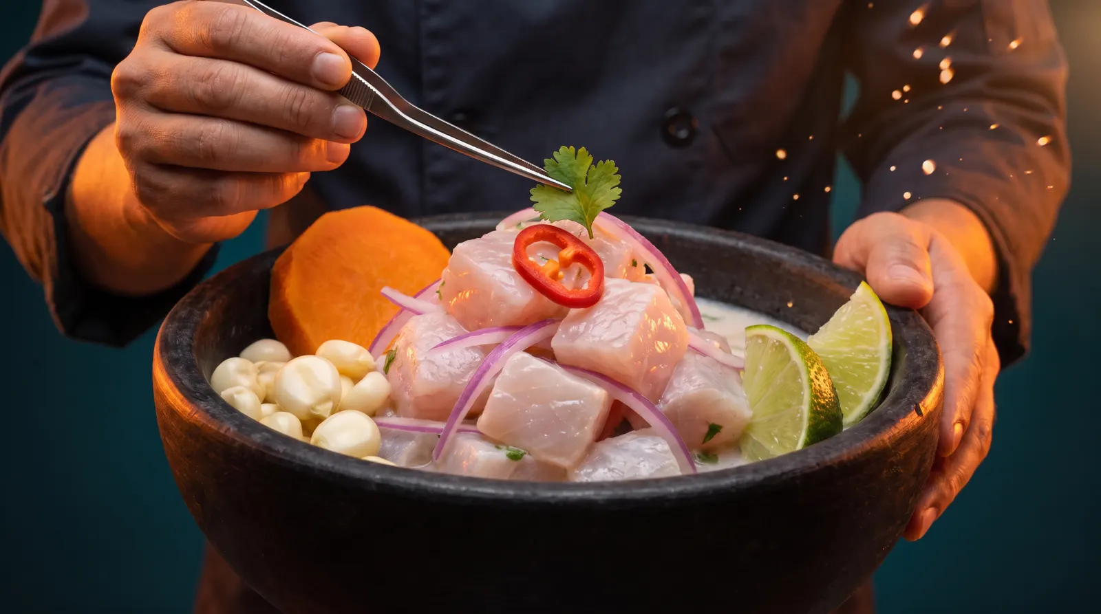 Ceviche emplatado con camote, choclo y culantro