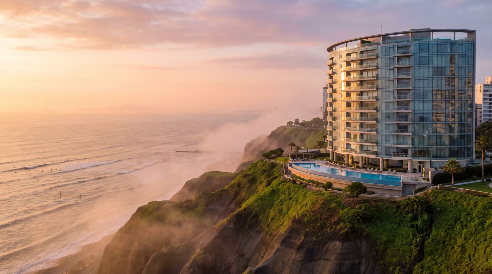 Torre Mirador 28 sobre el acantilado de Miraflores al amanecer