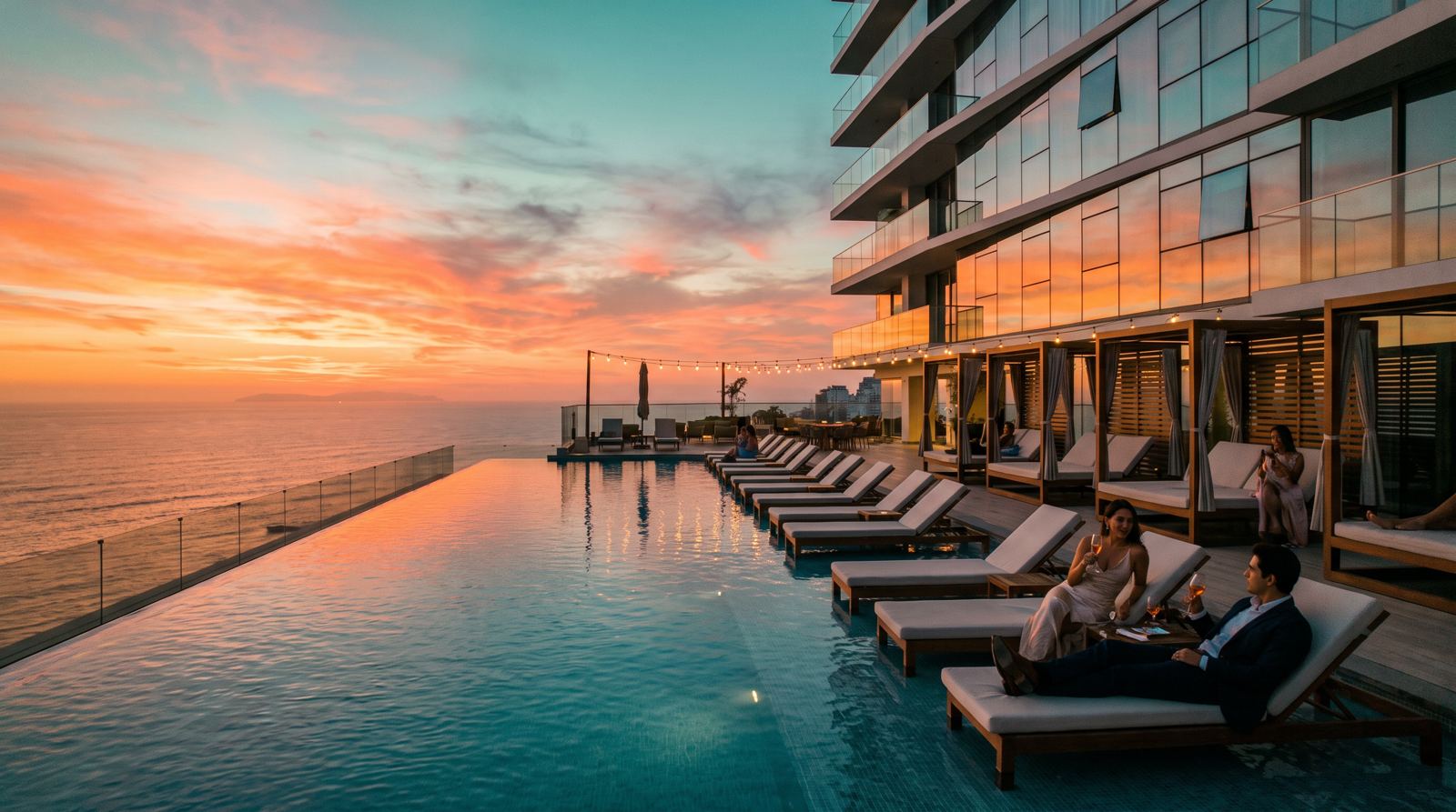 Azotea con piscina infinita al atardecer