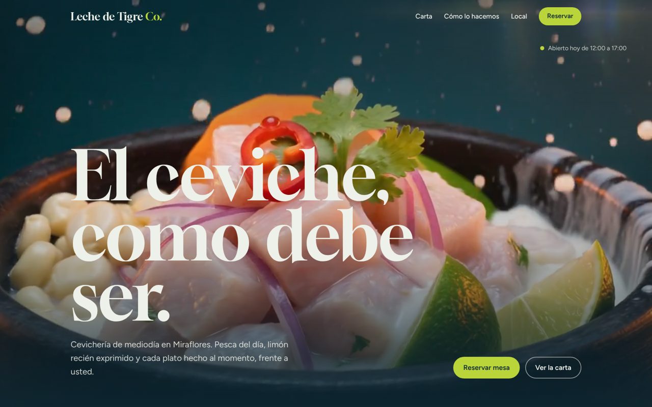 Inicio del sitio de ejemplo de la cevichería Leche de Tigre Co.