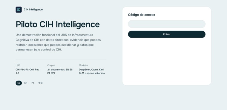 Pantalla de ingreso del piloto CIH Intelligence